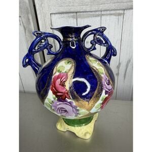 Antique Nippon Hand Paint Cobalt Blue Gold Rose Porcelain Handled Vase Urn